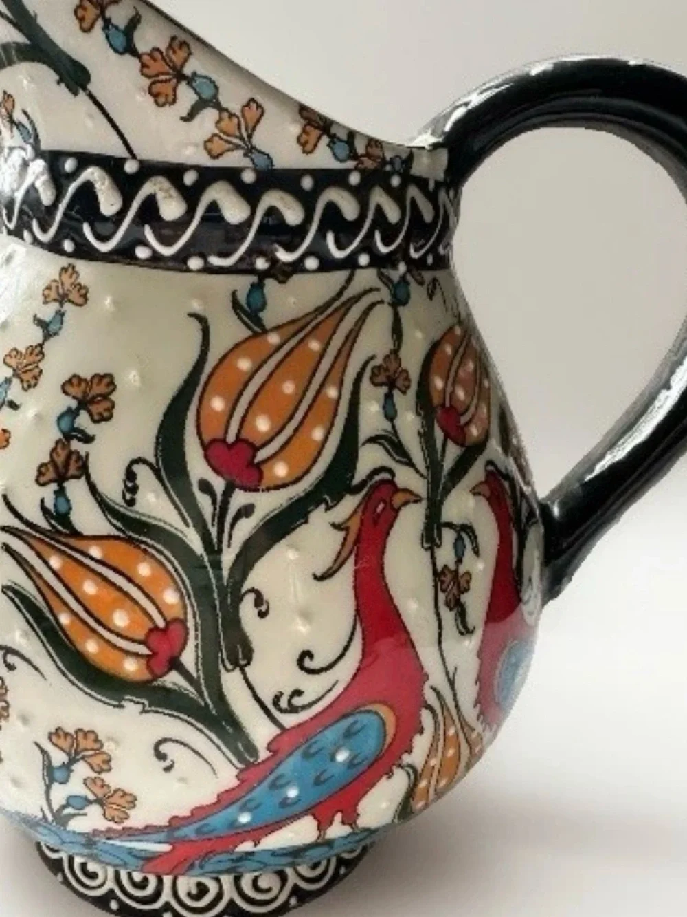 Nakkas Cini Hand Painted Turkish Ceramic Pitcher Flower Pottery Stunning